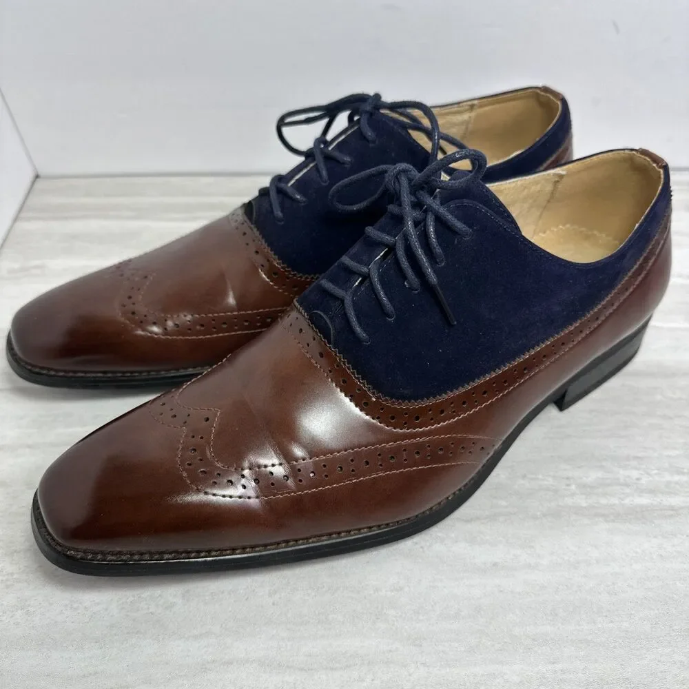 Gino Vitale Men’s Lace Up Wingtip Oxford Dress Shoe Two tone Brown Navy Suede 12